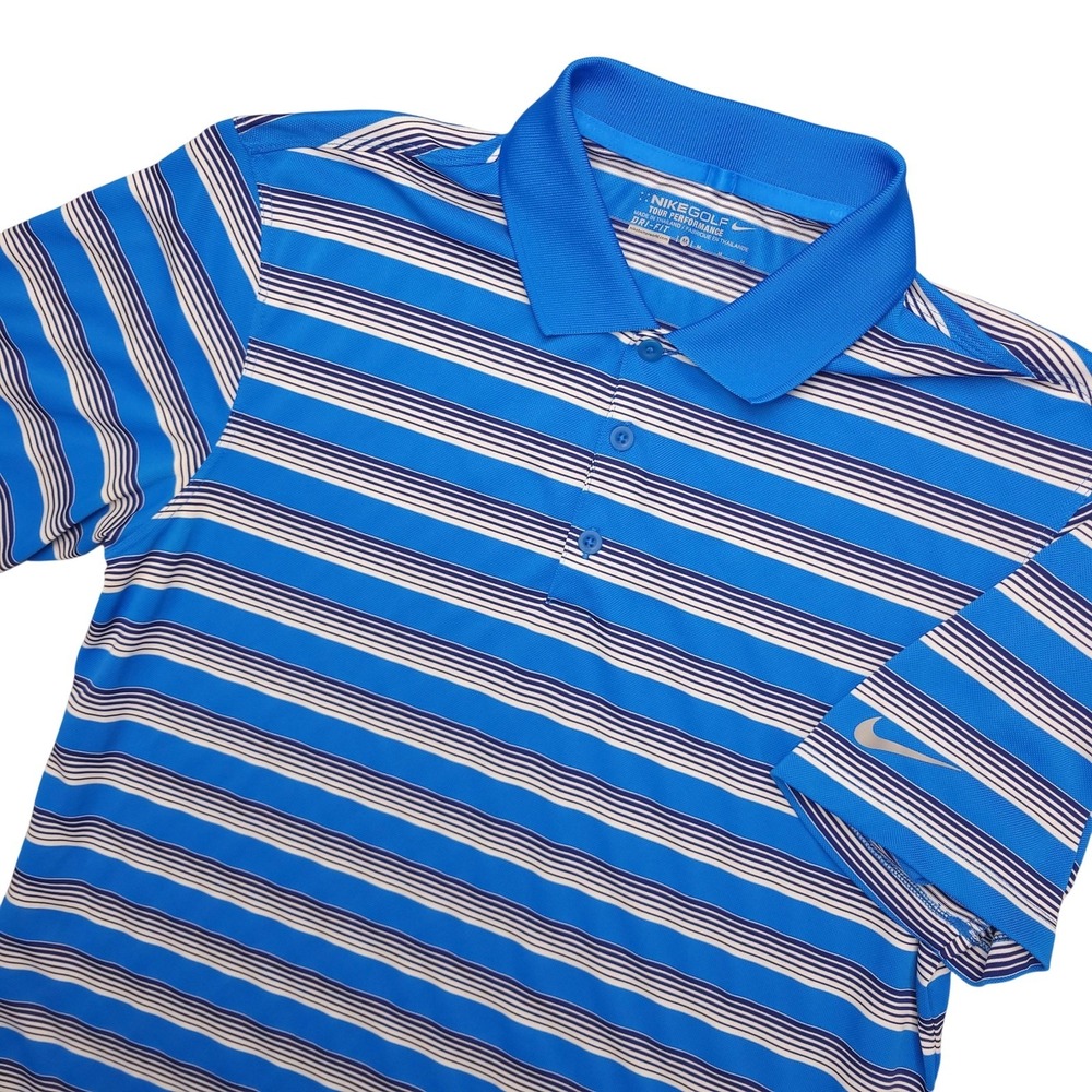 Nike Golf Dri-FIT Polo Shirt Mens M Blue Stripe Golf Tour Performance Top